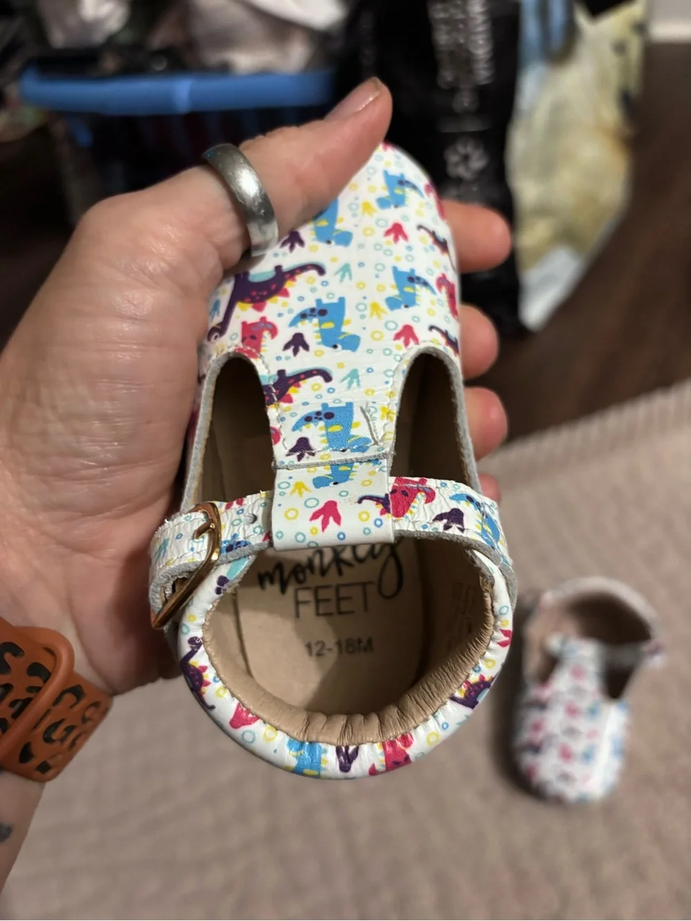 Monkey Feet T-Strap Shoes with Colorful Dinosaur Print-EUC 12-18 MONTHS
